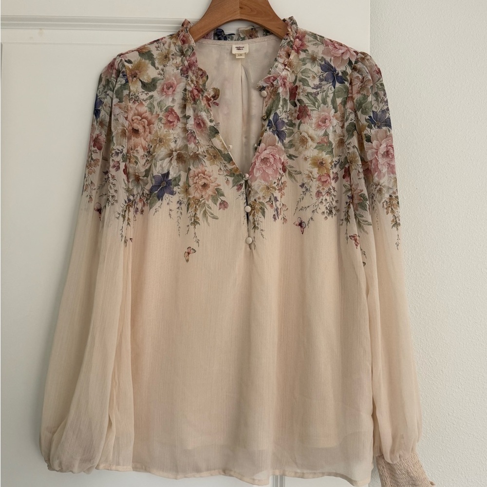 Autres Filles women’s Long Sleeve Floral Border Chiffon Blouse shirt top large